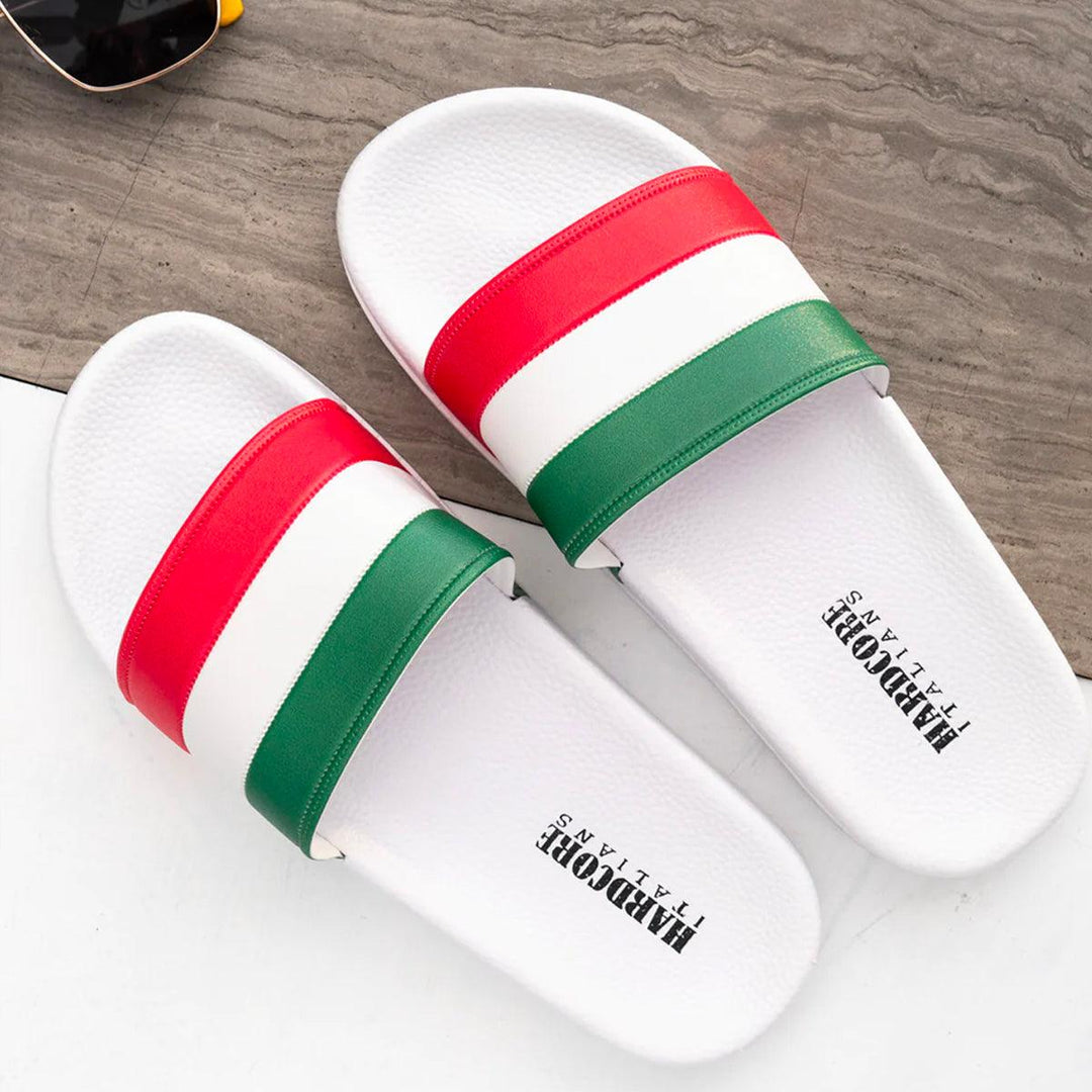 Slides with red, white, and green stripes. 